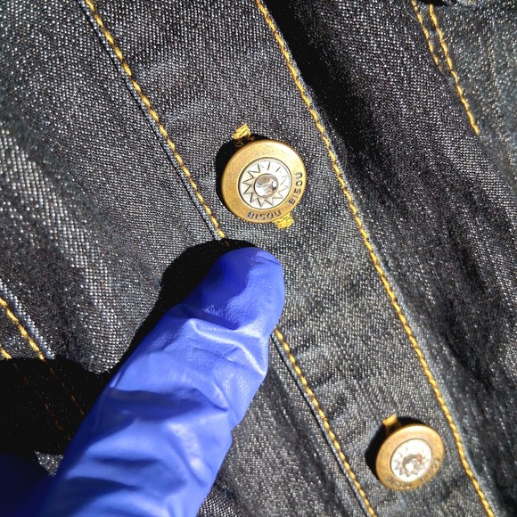 Y2k Denim Cropped Jacket Gold Stitching Ribbed Trim Short Sleeve Moto - Picture 8 of 17